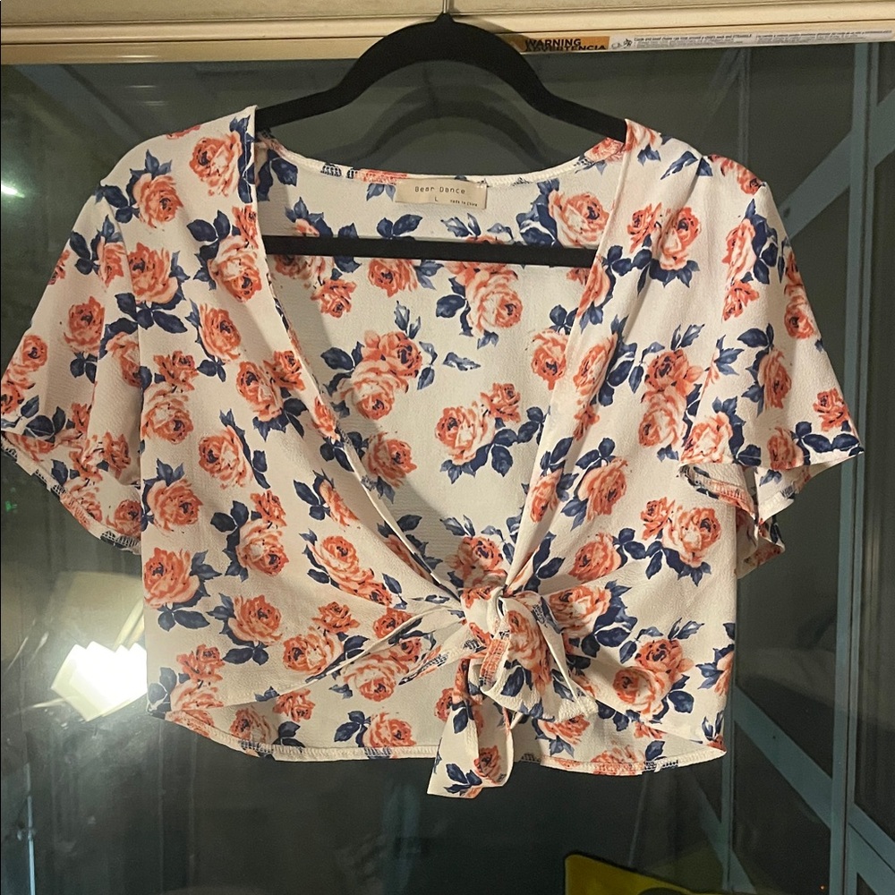 Bear Dance Floral Tie-Front Blouse - White and Pink